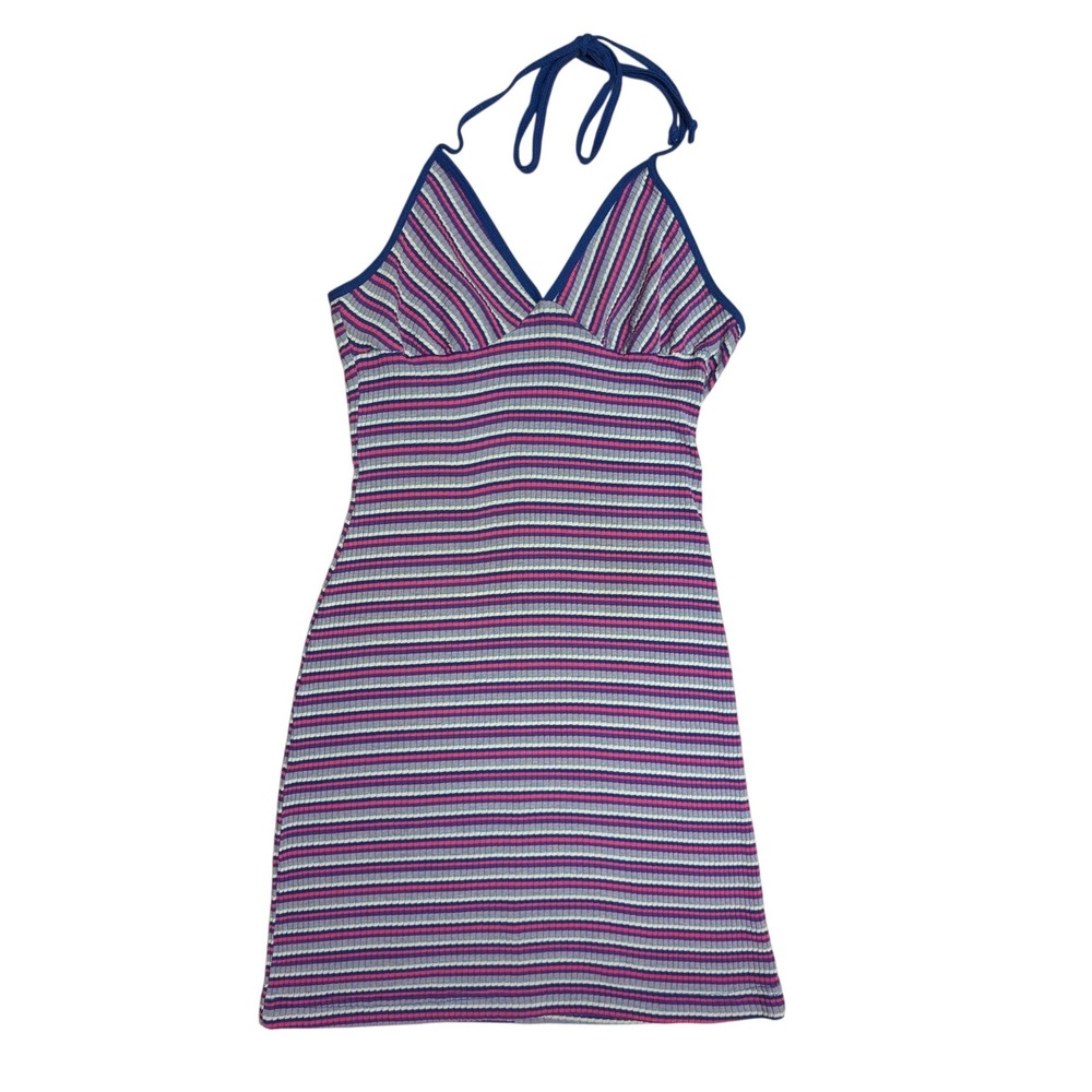 Vintage Y2K Xhilaration Striped Ribbed Halter Dress Boho Summer Festival Indie